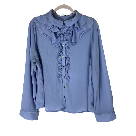 Blashe Baby Blue Textured Semi Sheer Button Up Ruffle Detail Blouse Top Size 2XL - Picture 1 of 11